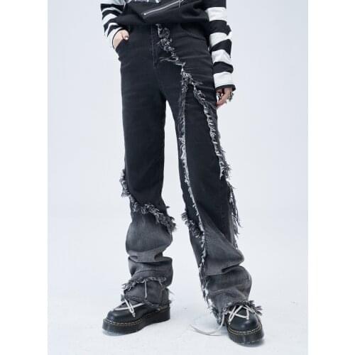 Gradient Black Grey Raw Edge Jeans Couples Autumn Jeans Loose Straight Gothic Punk Tassels Denim Pants Women