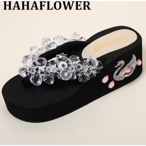 HAHAFLOWER Bling Bling Crystal Womens Flip Flops Fashion Summer Style Platform Slippers for Woman