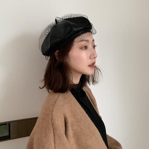 PU Leather Fascinating Hat Chic French Beret With Veil Mesh For Wedding Party Womens Designer Baret Octagonal Cap