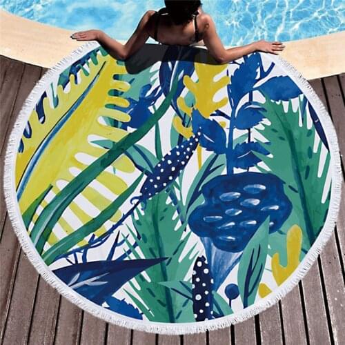 XC USHIO Summer Leaf Round Beach Towel With Tassel 150cm Swimming Bath Towel Bikini Cover Up Bedspread Carpet Yoga Picnic Mat