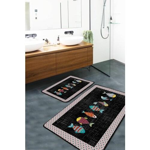 Black Sea Finny Washable 2 Piece Bathroom Mat Doormat Toilet Seat Pad Cotton Silky Top Surface Artificial Leather Antislip
