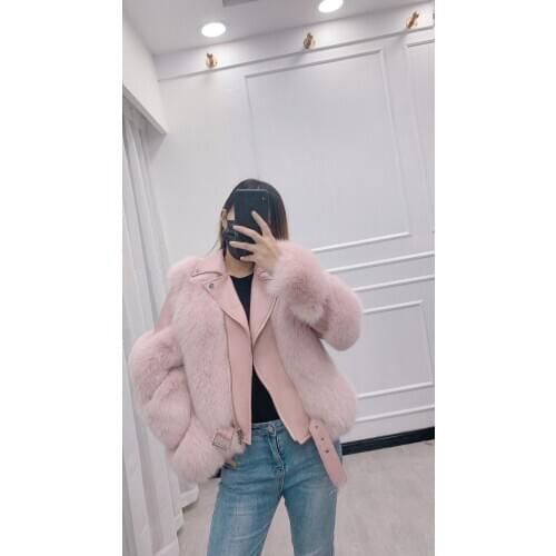 New womens Genuine real natural fox fur coat with sheep skin fashion warm winter waistcoats jacket