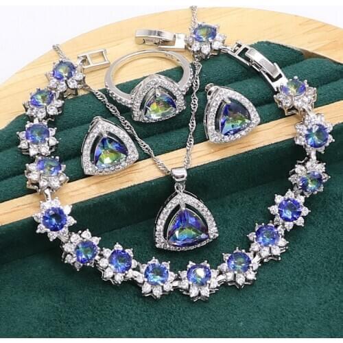 Charming Rainbow Blue Topaz 925 Sterling Silver Jewelry set for Women Bracelet Stud Earrings Necklace pendant Ring