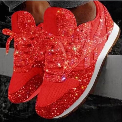 Dazzling Casual Shoes Women Sequin Bling Sneakers Vulcanized Shoes Mesh Breathable Rhinestone Lace Up 2021 Autumn Sport Shoes