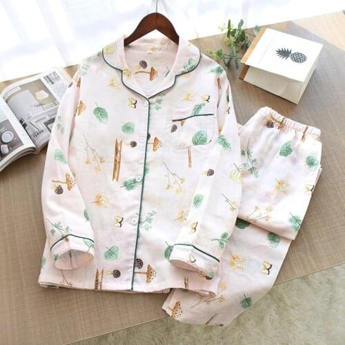 Womens Gaze De Coton Double-layer Gauze Long-sleeved Trousers Home Pajamas Suit Casual Forest Print Pygama Femme Sleepwear