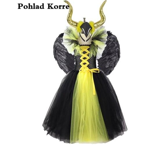 Girls Gold Horns Black Evil Witch Queen Halloween Costume For Kid Girls Tutu Dress Kids Christmas Birthday Party Dresses Vestido