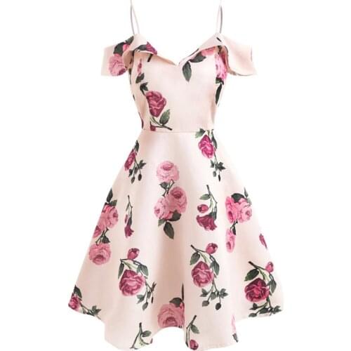 Summer Spaghetti Strap Dresses Women 50s Vintage Pink Floral Print Sweet A Line Casual Elegant Swing Party Backless Beach Dress