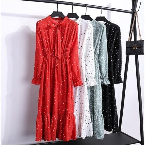 Casual Midi Chiffon Dresses For Femme Elegant Knee-Length Robe Ladies Print Bow Long Sleeve Winter Dress 2021 Autumn Dress Women