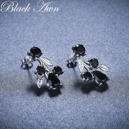 Simple 100% Genuine 925 Sterling Silver Jewelry Black Spinel Stone Star Cute Party Stud Earrings for Women Bijoux Femme I076