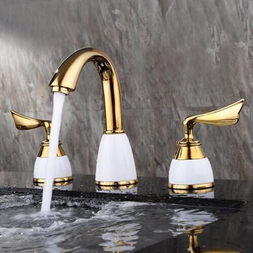 Azos Split FaucetSoft Basin Brass Gold Cold and Hot Switch Laundry Pool Sink Shower Room Double Handle Three Holes Round MPSKF0