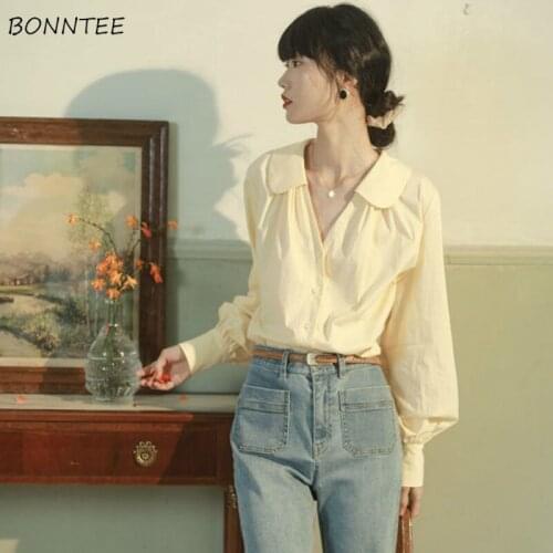 Shirts Women Vintage Solid Peter Pan Collar Lantern Sleeve French Fashionable Ladies Blouses All-match Loose Ulzzang Oversize