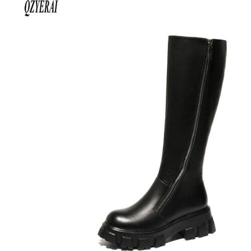 New winter style Knee high boots Genuine leather Women boots warm Motorcycle boots outdoor snow boots cowhide Women shoes