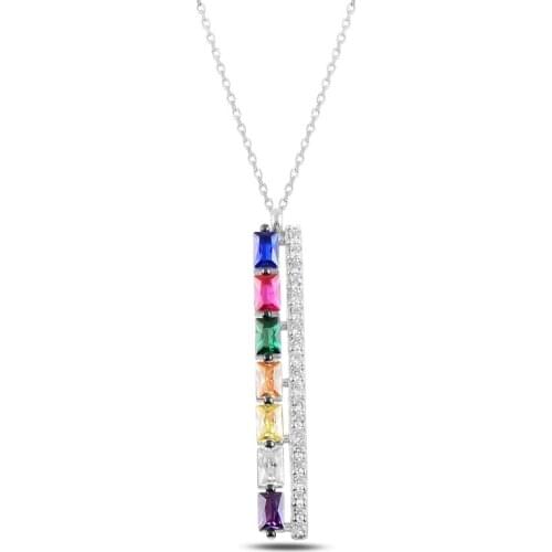 Silver 925 Sterling Rod Colored Baguette Zircon Cubic Zirconia Necklace