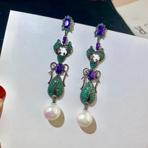 Bilincolor green cz white pearl long beetle earring for women earrings with pearls