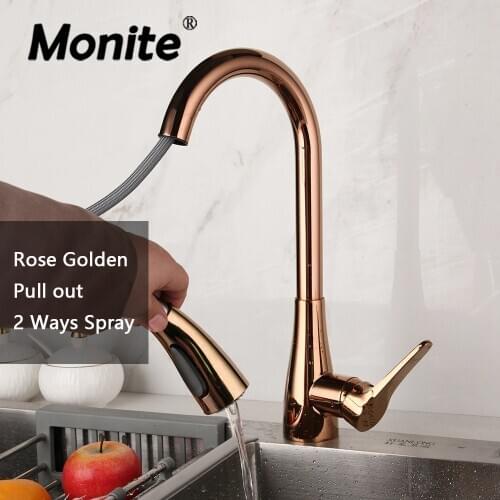 Monite Rose Golden Kitchen Faucet Pull Out 360 Swivel 2 Ways Spray Solid Brass Mixer Tap Kitchen Faucet Deck Mounted