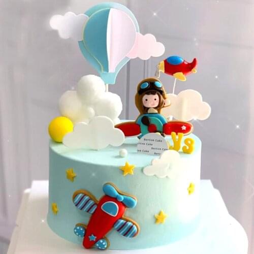 Aviator Cake Decoration Boy Astronaut Soft Pottery Airplane Cloud Hair Ball Cake Insert Baking Childrens Birthday Cake Decorate