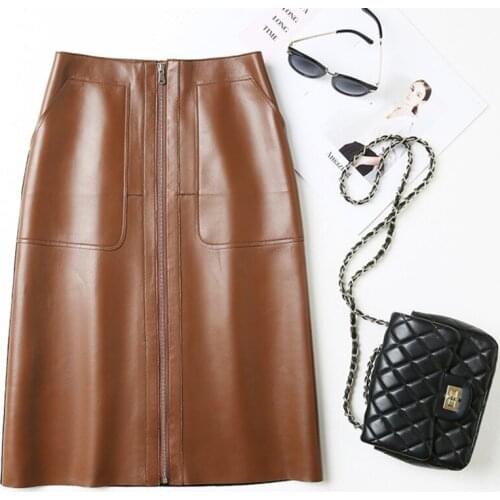 Women Genuine Leather Skirt Real Sheep Natural Skeepskin Elegant Office Ladies Formal Work Wear Midi A-line Vintage Skirt Female