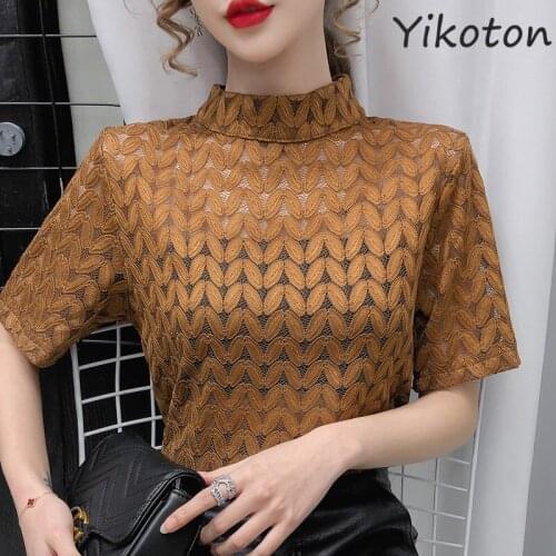 2021 Summer Women Tshirt Short Sleeve Casual Tops Female Turtleneck Basic Lace Shirt Womens Clothing Hollow Sexy Korea T-shirt