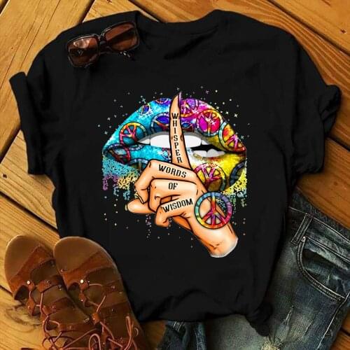 Women Summer Casual T Shirt Femme Tops Cool Streetwear Female Black T-shirt Rainbow Lipes Print Harajuku