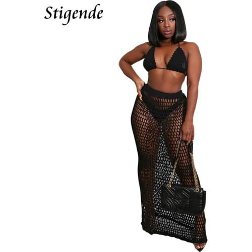 Stigende Women Sexy Mesh Two Piece Beach Set Summer Crochet Swimsuit Cover Up Dress See Through Hollow Out Knitted 2 Piece Set