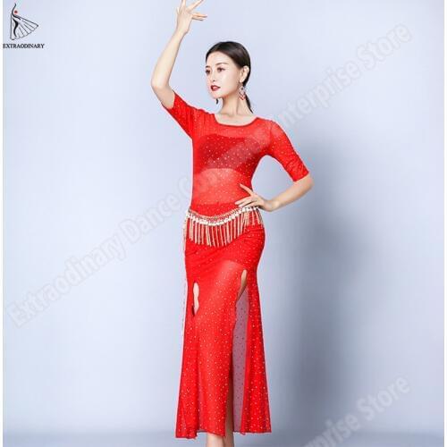 Women Belly Dance Oriental Costume Dress Split Top Half Sleeve Bellydance Practice Clothes Sequin Girls