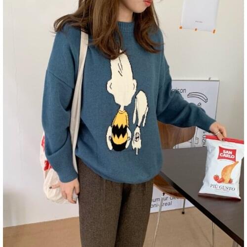 Woman Knitted Sweater Fad Autumn Winter Female Clothes New Cute Cartoon Pattern Loose Long Sleeve Sweet Pullover Sweater Tops