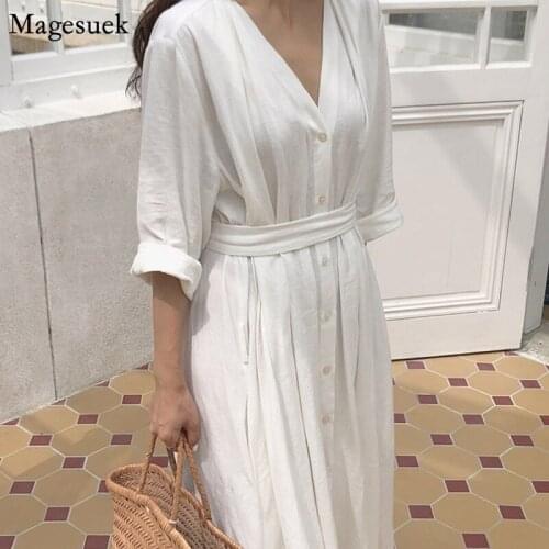 Plus Size Harajuku Long Dress Summer 2021 A-Line V-neck Casual White Dress Women Elegant Vintage Ladies Dresses Vestidos 10054