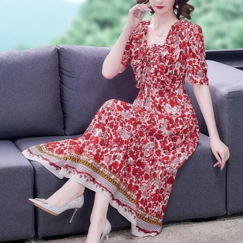 2021 Boho Red Print Mulberry Silk Maxi Dress Summer 3XL Plus Size Chiffon Beach Midi Dress Women Elegant Bodycon Party Vestidos
