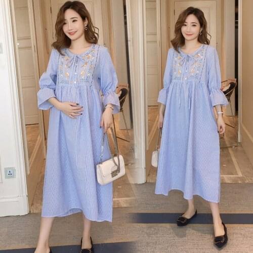 Pengpious spring summer blue embroidered floral dress new fashion flare sleeve cotton vintage striped vestidos