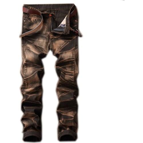 2021 High Quality Men Casual Jeans Coated Slim Straight Pleated Biker Jeans Pants Male Denim Casual Pants Plus Size 42