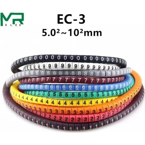500pcs/lot EC-3 10mm2 10 different number and color 0-9 cable marker