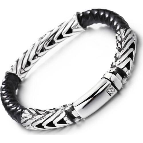 High Quality Genuine leather bracelet Stainless Steel Vintage Solid Link Chain Bangle Mens Jewelry 12mm 8.66