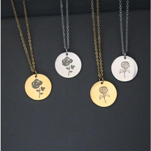 Simple Stainless Steel Flower Carved Pendant Necklaces for Women Cute Gold Color Chain Glossy Round Tag Choker Jewelry