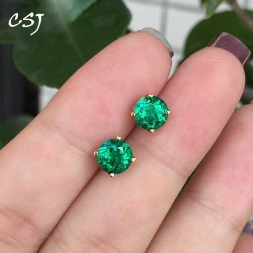 CSJ Solid 18K Lab Created Colombia 10mm Emerald "CCE" Earring Fine Jewelry For Women Lady Gift