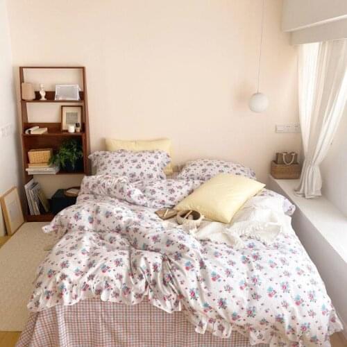 Floral Ruffles Farmhouse Bedding 100%Cotton Ultra Soft Vintage Flowers Zipper Duvet Cover set Bed Sheet Pillowcases Queen 4Pcs