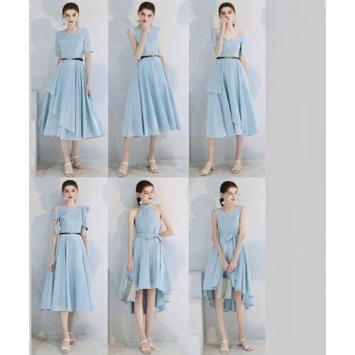 Bridesmaids Dresses Vintage V-Neck Short Spaghetti Straps Knee-Length Jersey A-Line Luxury Sky Blue Lady Wedding Party Gown E747