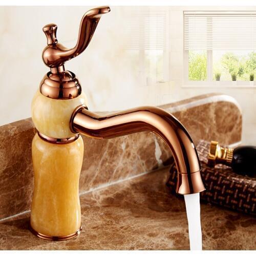 European antique rose gold bathroom sink basin faucet hot and cold, Copper White/Yellow jade marble wash basin faucet Whosale