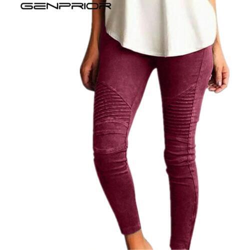 GENPRIOR Spring Summer Fashion Women Casual Pants Cotton High Elastic Slim Skinny Zipper Pleated Female Pencil Pants Trousers