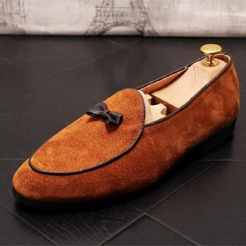 Concise Mens Brown Leisure Loafer Shoes Fashion Slip On Shollow Flats Trending Bowtie Charm Party Zapatos Suede Size 37-44 ERRFC