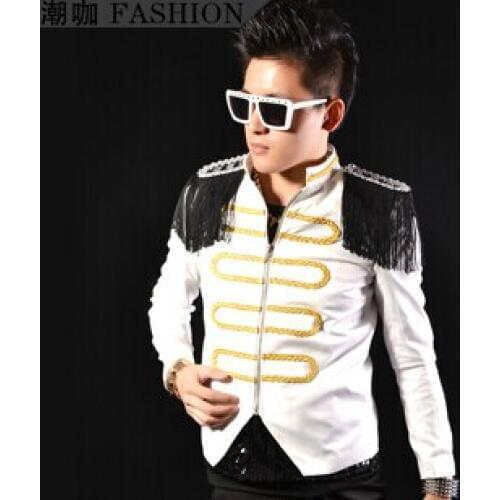 Hot !! Mens Fashion New Stage Singer Black And White With Epaulet Royal Top - Epaulette Clothing Costume Jacket Coat / M-xl