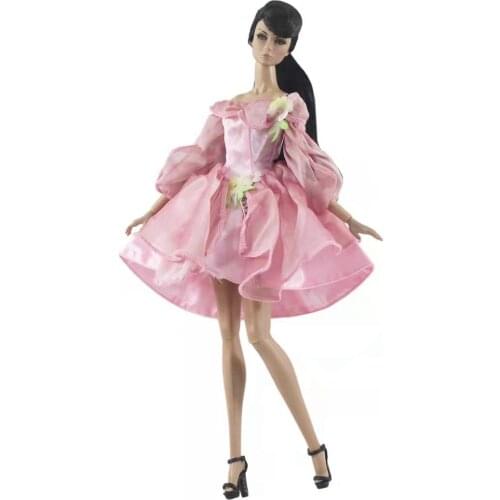 Fashion Pink Long Puff Sleeve Dress 11.5" Doll Clothes Set for Barbie Doll Outfits Party Gown 1/6 BJD Dolls Accessories Kids Toy