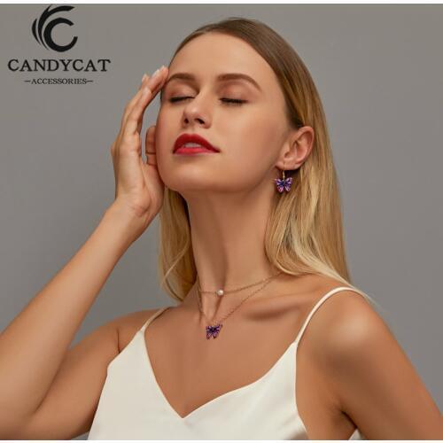 New Suit Butterfly Necklace for Women Colorful Double Pearl Butterfly Pendant Necklace Ear Hook for Wedding Jewelry Gift 2020