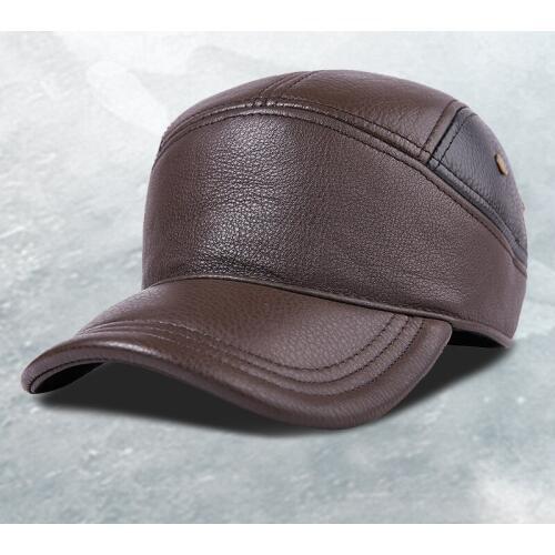Autumn Winter Genuine Leather Mens Visor Hat Warm Ear Protection Cowhide Male Cap Thickened Fashion Casual Adult Caps H6914