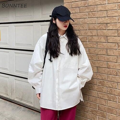 Shirts Women Solid Elegant All-match Vintage Side-slit Basic Turn-down Collar Baggy Korean Style Students Long Sleeve Female New