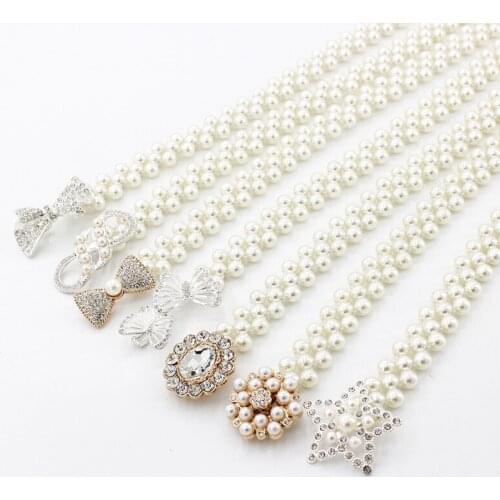 Rhinestone Elastic Girdle Bow Flower Buckle Waistband Full Pearl Waist Chain Fashion Ladies Beads Stretchy Belt For Women Dress