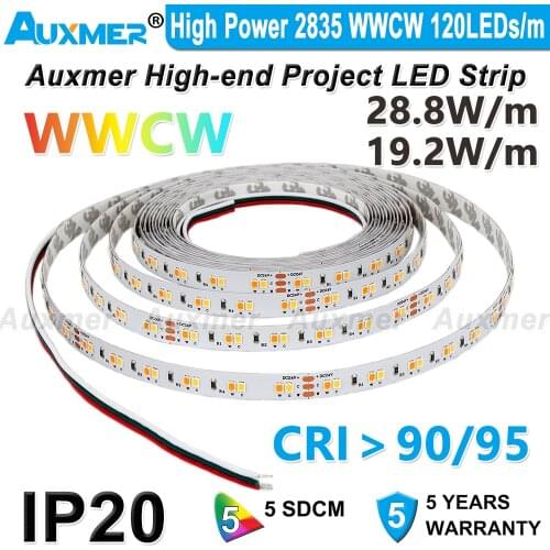 High Power 2835 WWCW 120LEDs/m LED Strip,19.2W/m,Color temperature adjustable,CCT,DC12/24V,600LEDs/Reel,5meter/Reel,for indoor