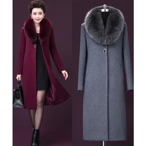 2020 New Woolen jacket Autumn Winter Long Large Size 6XL Faux Fur Collar Cashmere Coat Outerwear Fashion Mother Loaded Female