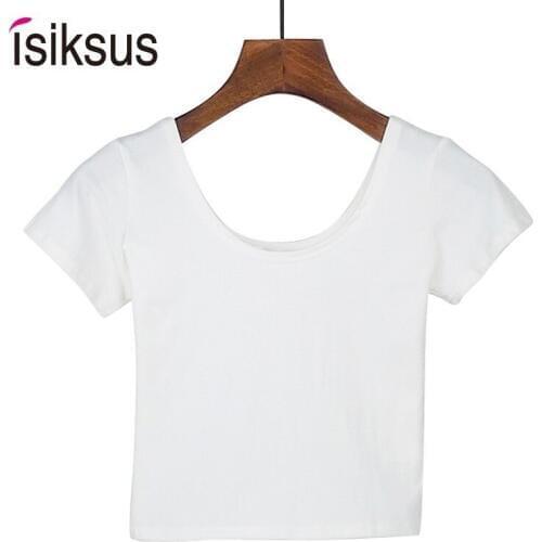 Isiksus Summer T Shirt Women Cotton T-shirts Woman Solid Short Sleeve Casual O-neck Black Crop Top White Tshirt For Women TS007