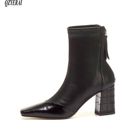 2020 autumn and winter Genuine leather Female boots stretch Womens boots black Head layer cowhide Womens shoes