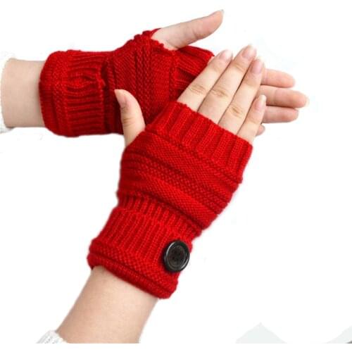 Woman Spring Autumn Button Warm Soft Fingerless Gloves Unisex Cycling Half-Finger Cover Ladies Knitted Mittens